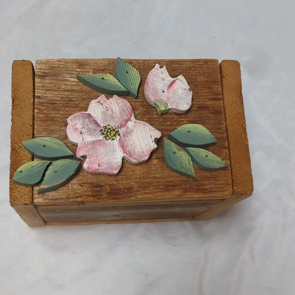 Hand Crafted Solid Wood Lidded 3D Floral Rustic Cottage Storage or Wedding Box